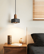 Lava Cube Pendant Light — Black Travertine & Walnut Modern Hanging Lamp