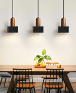 Lava Cube Pendant Light — Black Travertine & Walnut Modern Hanging Lamp