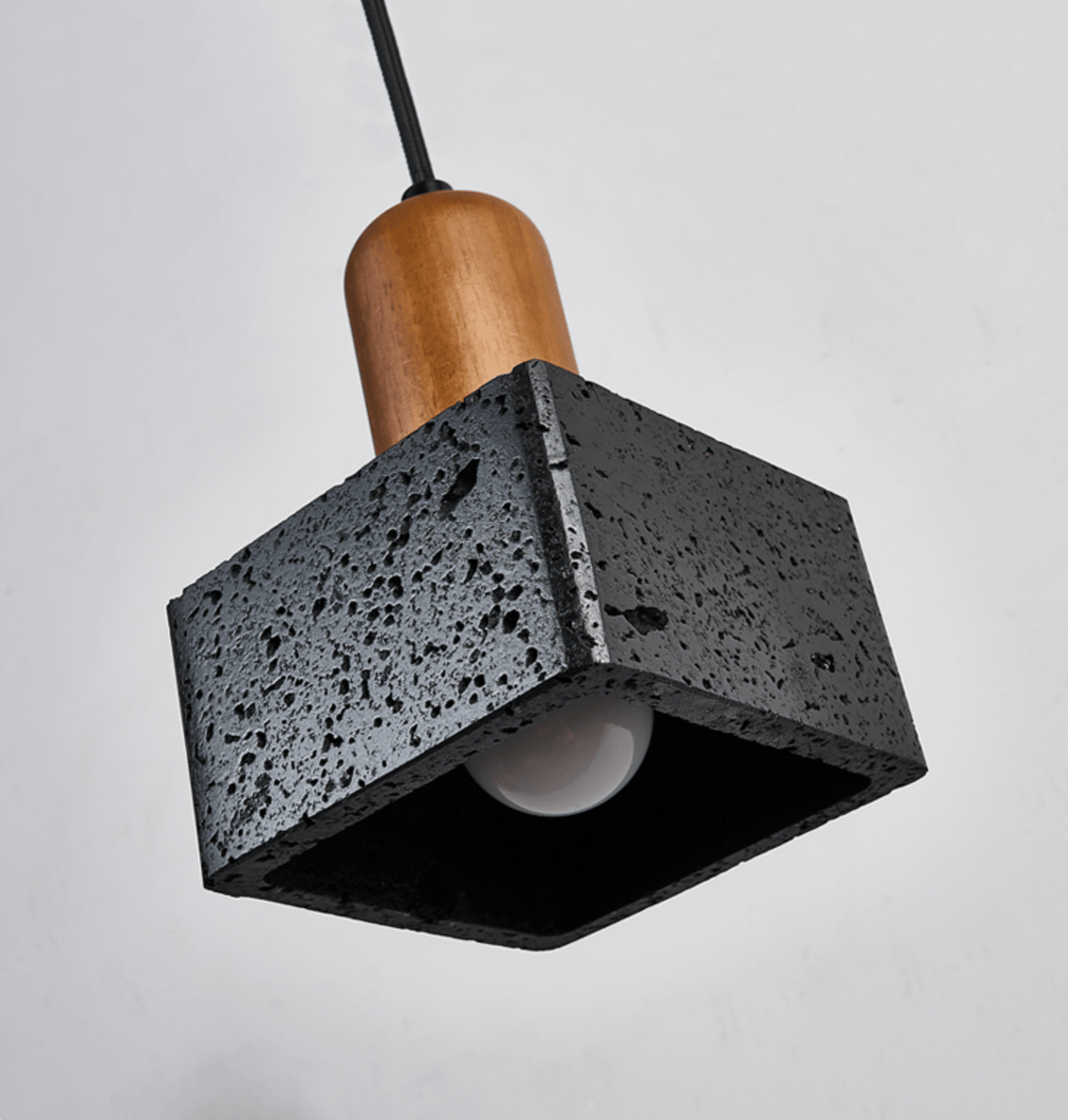 Lava Cube Pendant Light — Black Travertine & Walnut Modern Hanging Lamp