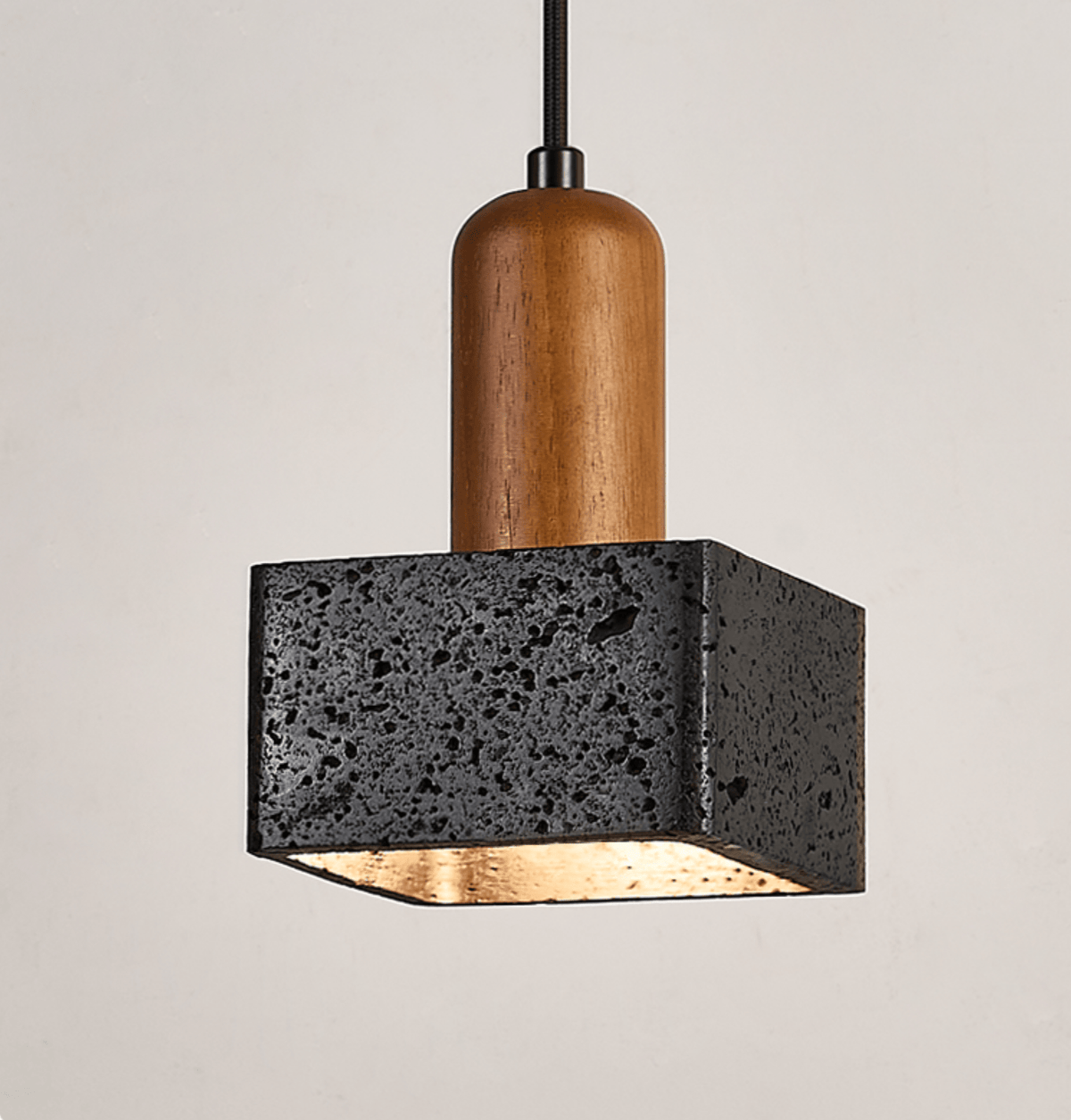 Lava Cube Pendant Light — Black Travertine & Walnut Modern Hanging Lamp