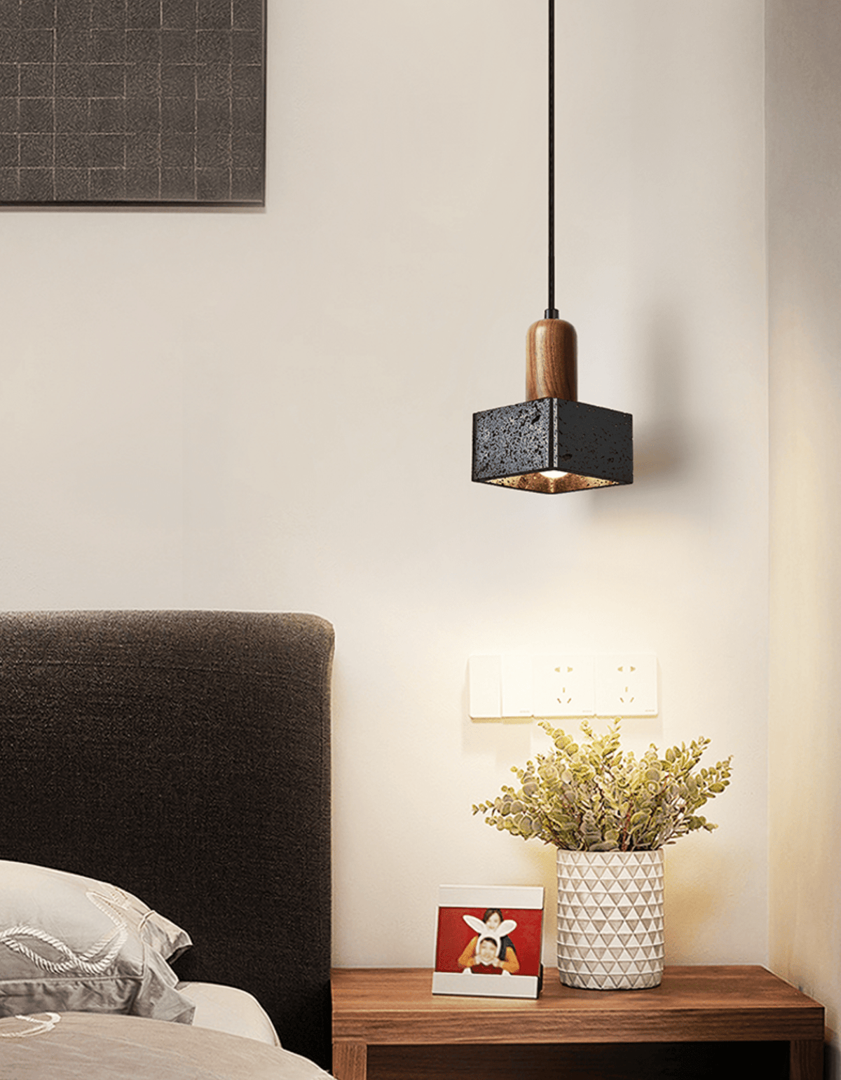 Lava Cube Pendant Light — Black Travertine & Walnut Modern Hanging Lamp