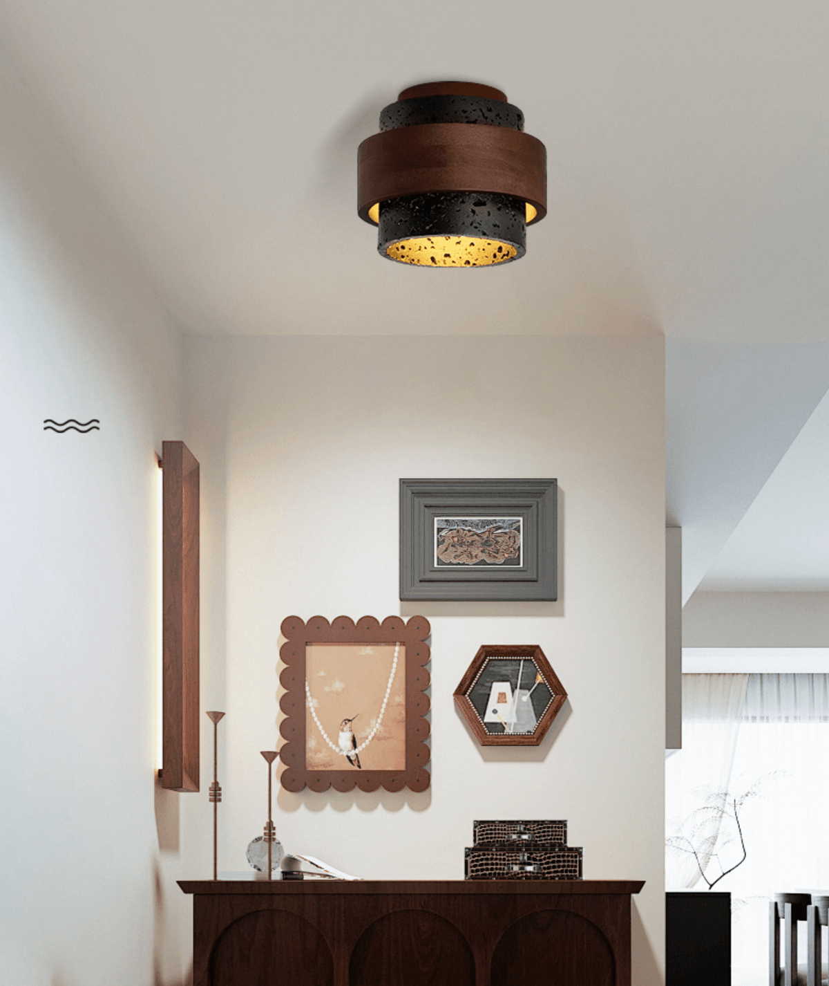 Ebony Stone & Walnut Flush Mount Ceiling Light – Modern Minimalist