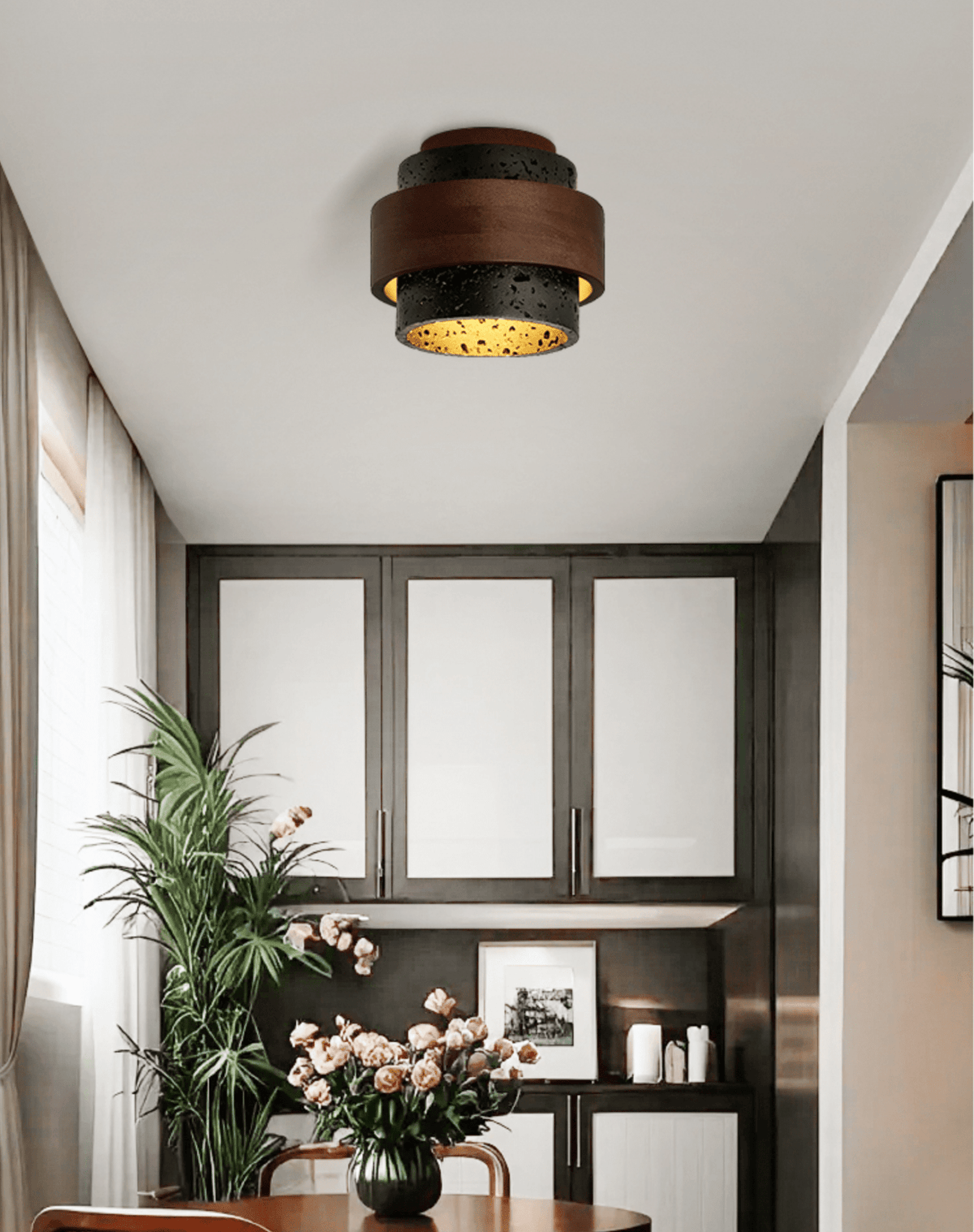 Ebony Stone & Walnut Flush Mount Ceiling Light – Modern Minimalist
