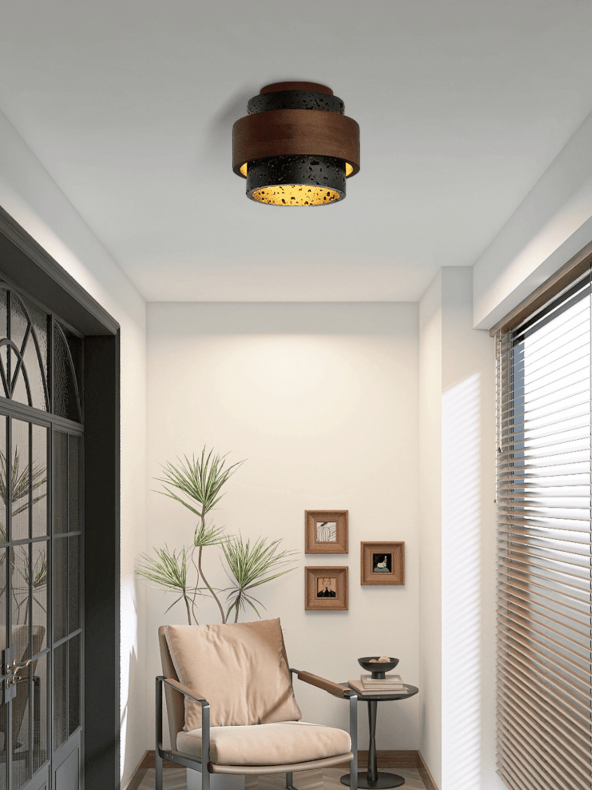 Ebony Stone & Walnut Flush Mount Ceiling Light – Modern Minimalist
