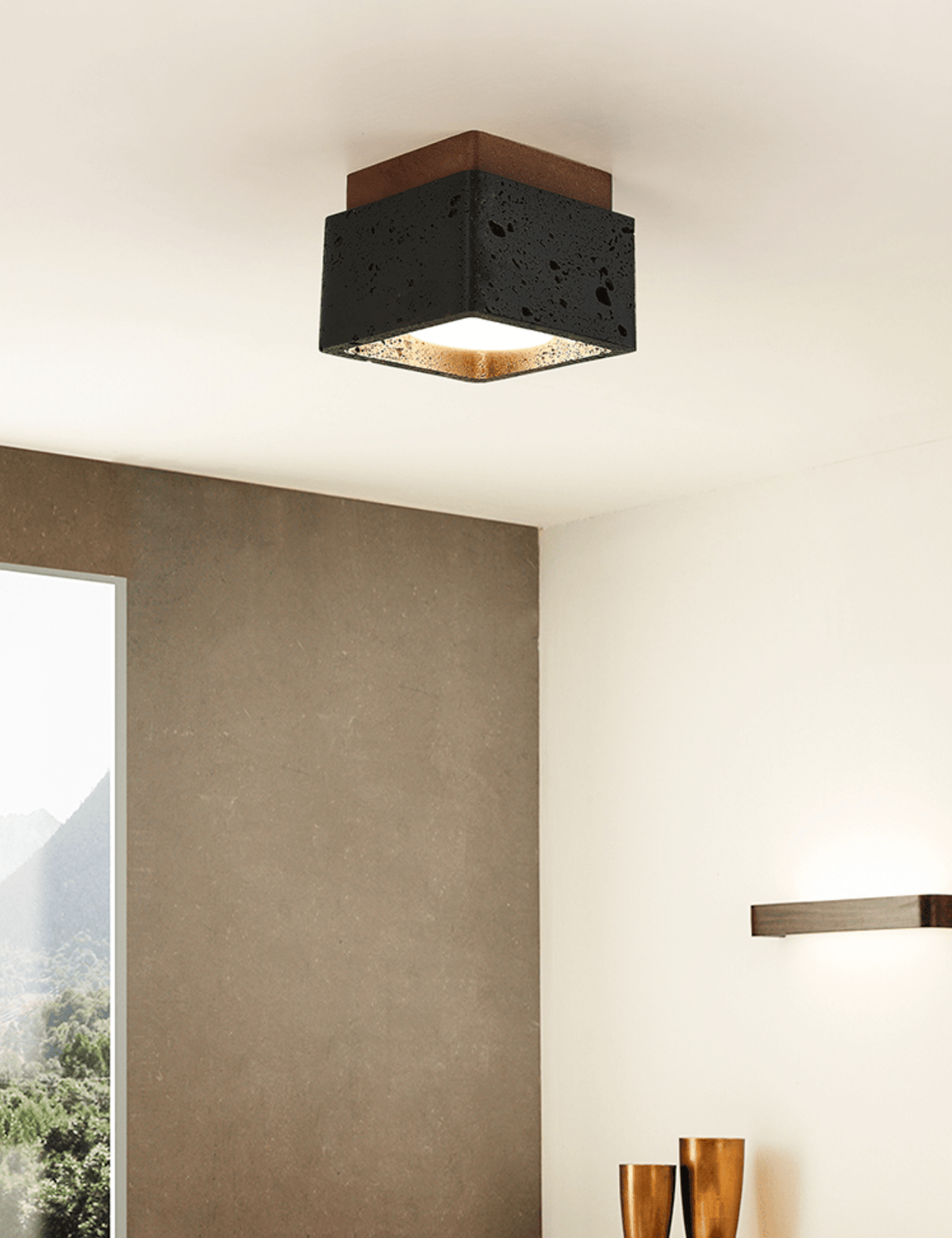 Lava Cube Ceiling Light in Black Travertine and Walnut