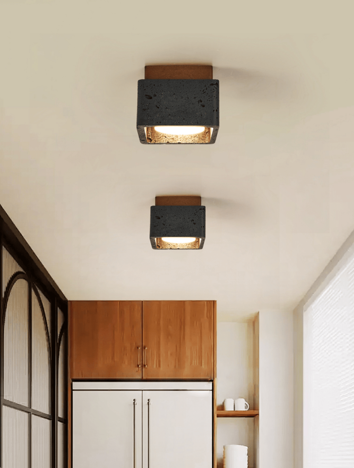 Lava Cube Ceiling Light in Black Travertine and Walnut