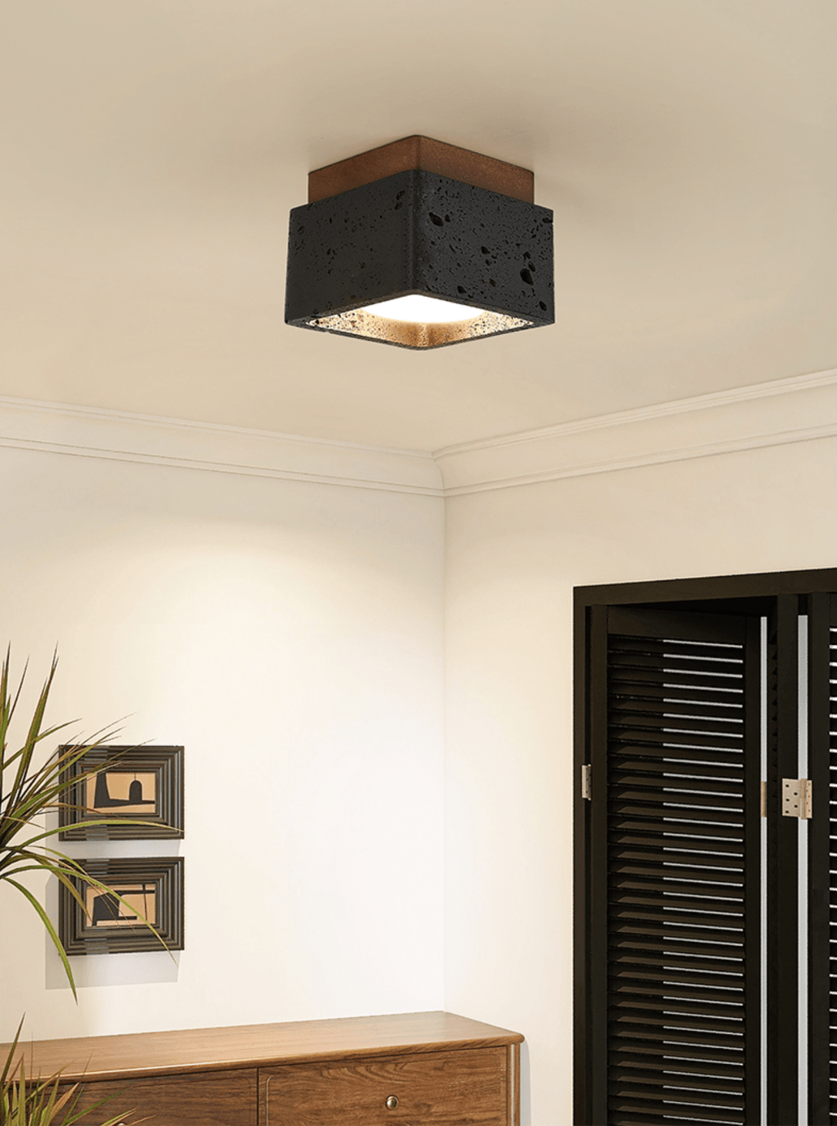 Lava Cube Ceiling Light in Black Travertine and Walnut