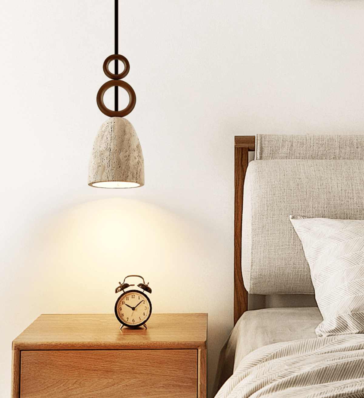 Stone Bell Rings Pendant Light in Yellow Travertine and Walnut Wood