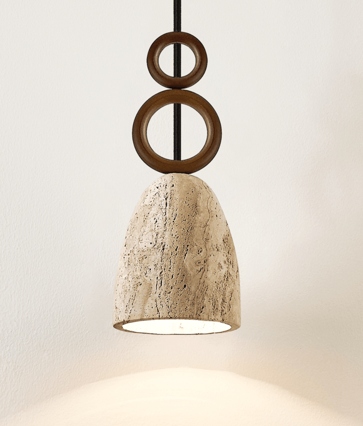 Stone Bell Rings Pendant Light in Yellow Travertine and Walnut Wood