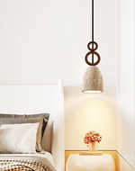 Stone Bell Rings Pendant Light in Yellow Travertine and Walnut Wood