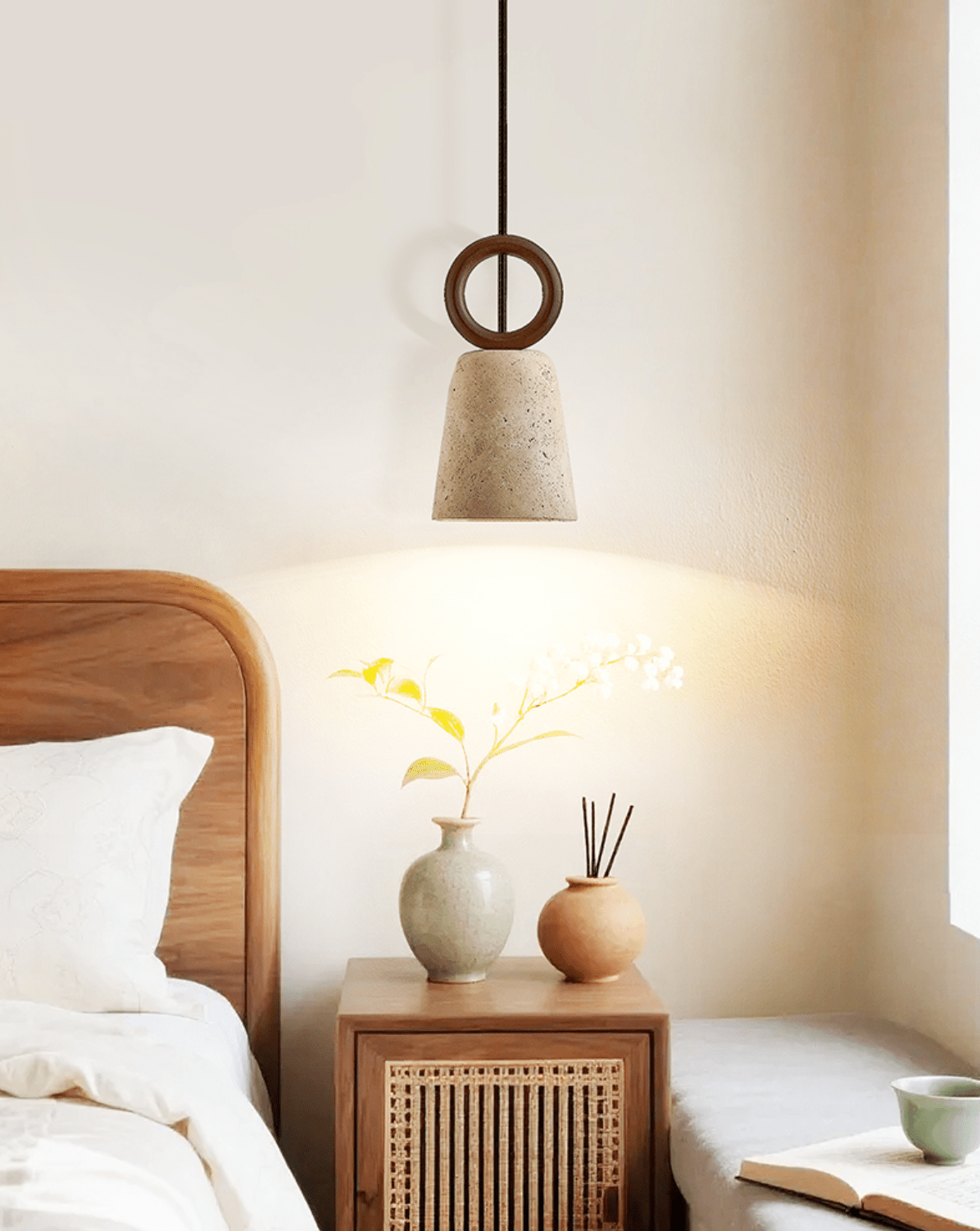 Bellstone Travertine Pendant Light – Natural Stone & Wood Hanging Lamp
