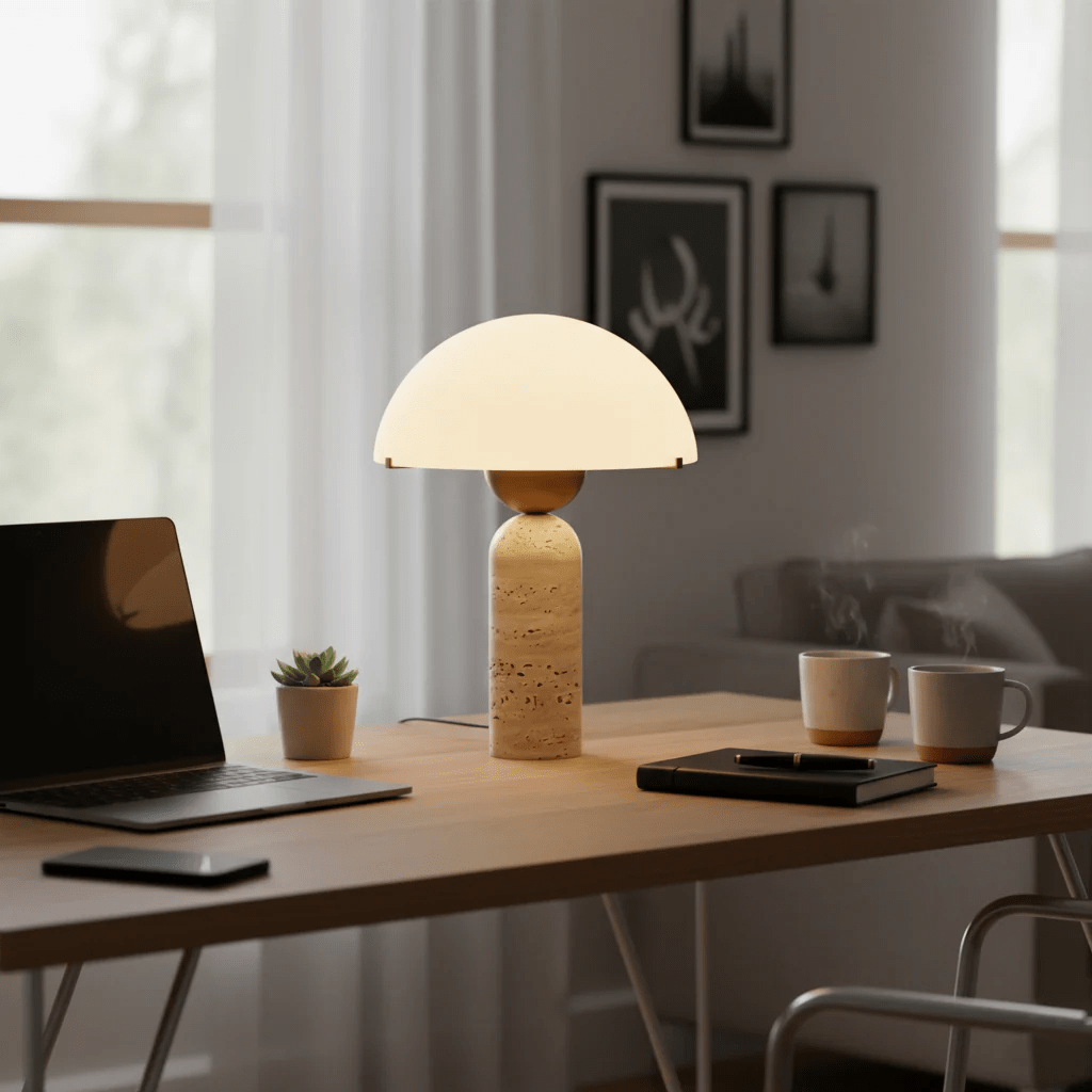 Dome Mushroom Table Lamp with Marble Base and Gold Accents