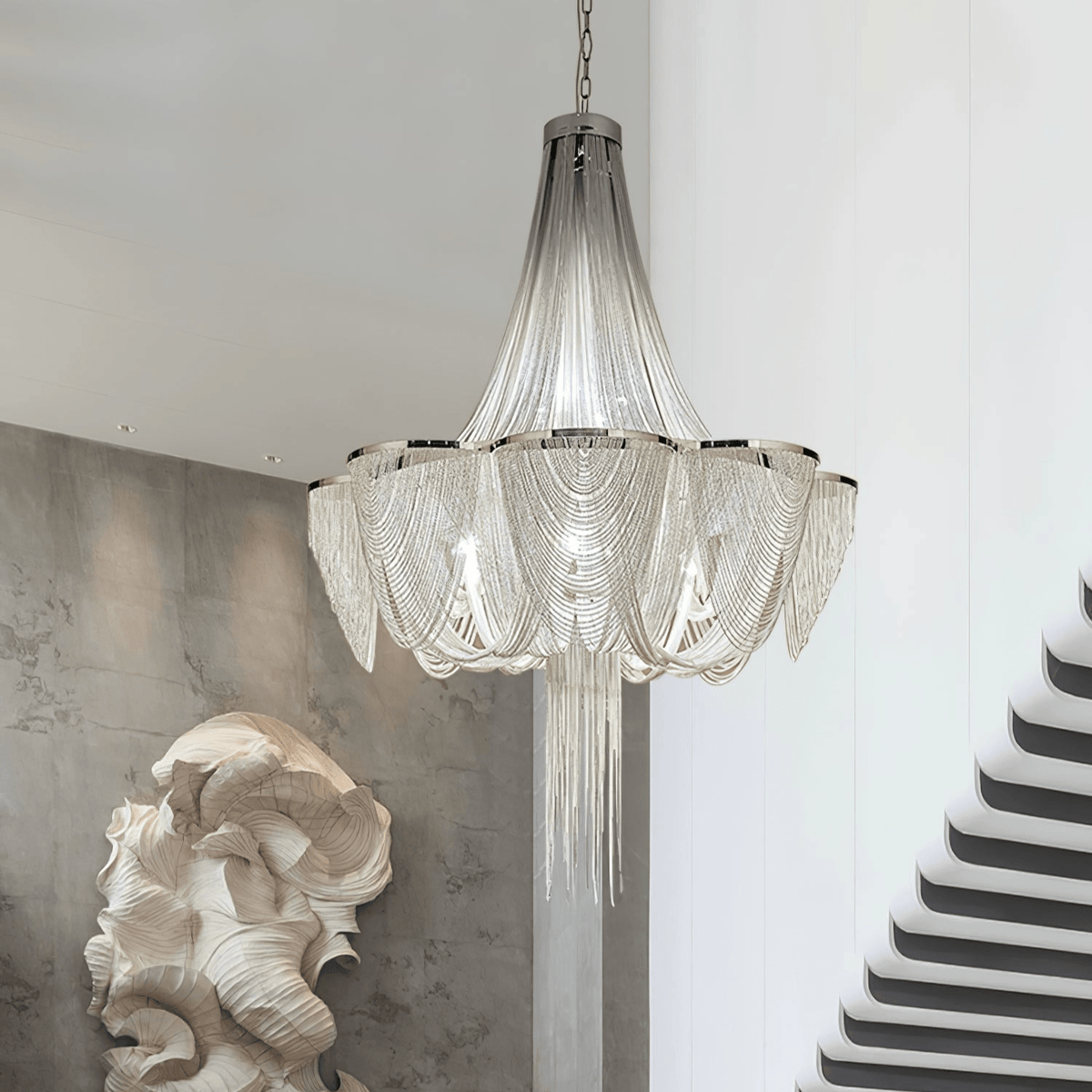 Silver Chain Tassel Chandelier – Art Deco Modern Pendant Light for Dining & Living Spaces