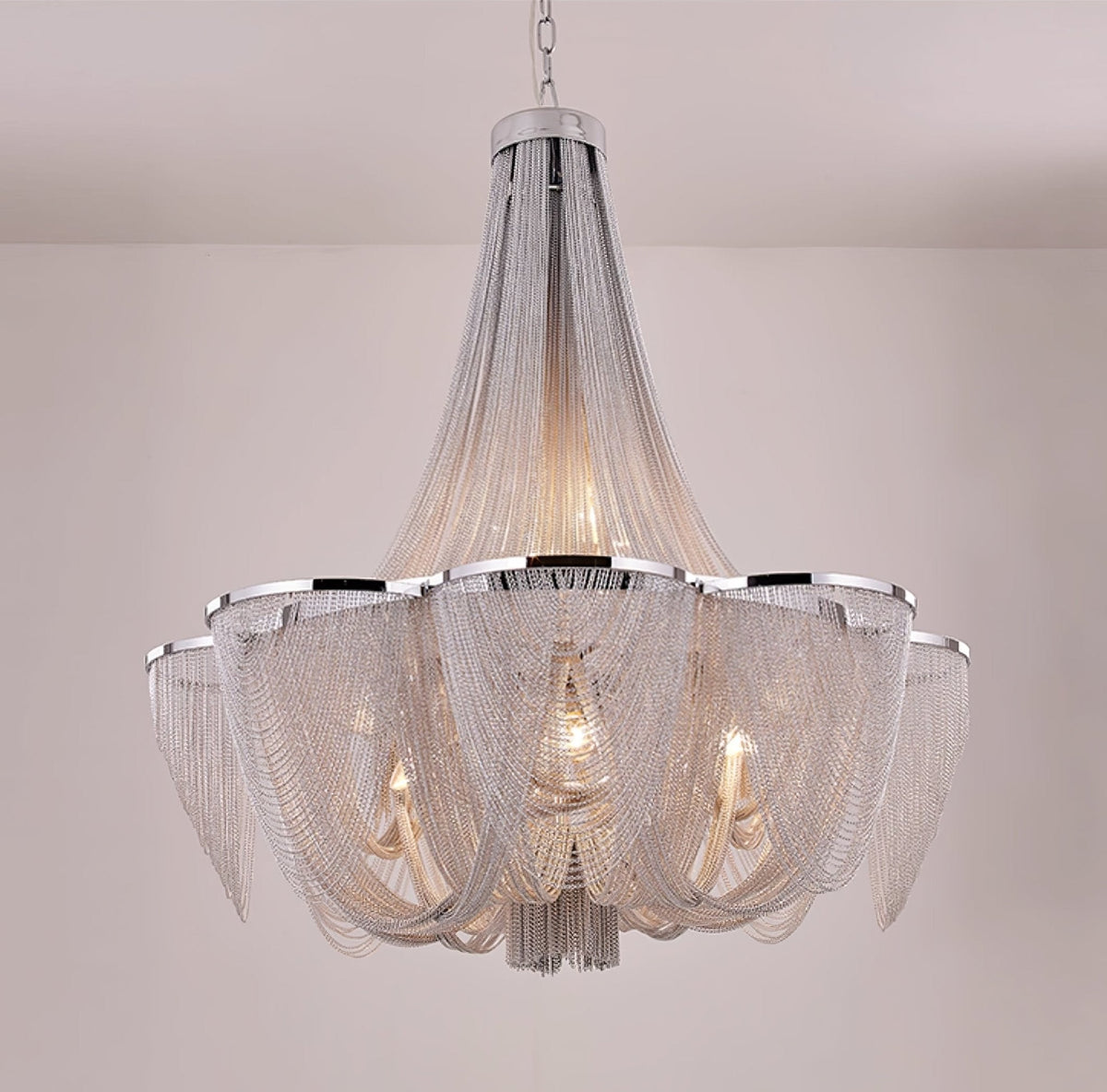 Silver Chain Tassel Chandelier – Art Deco Modern Pendant Light for Dining & Living Spaces