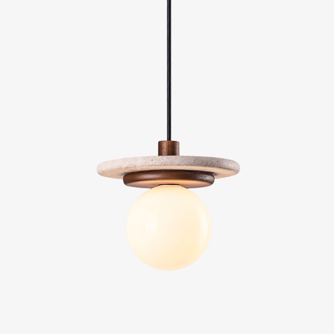 Travertine Disk Pendant Light with Wood Accent and Globe Bulb
