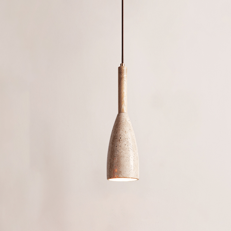 Travertine Teardrop Pendant Light — Natural Stone & Wood Designer Ceiling Lamp