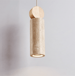 Travertine Cylinder Pendant Light with Wood Accent