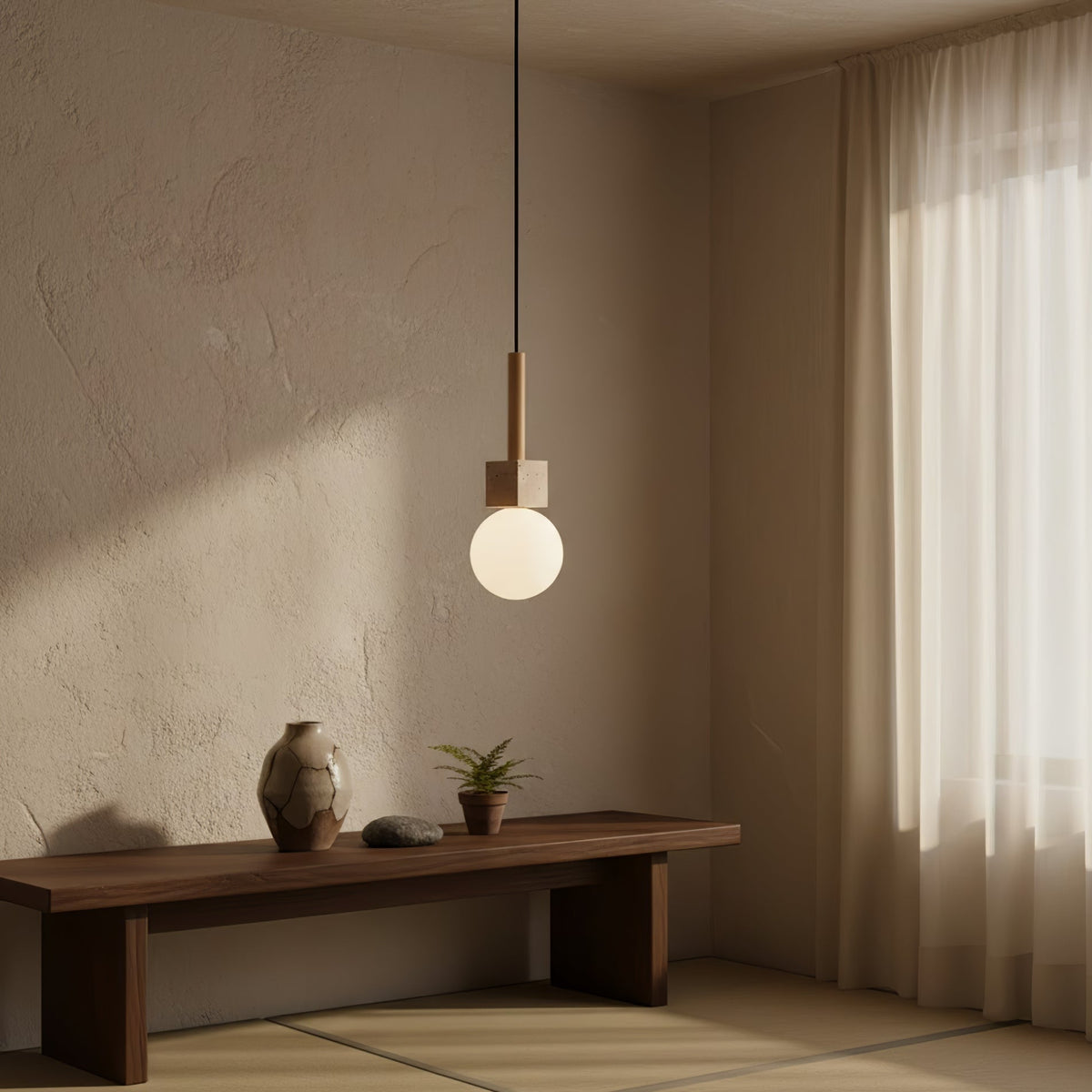 Travertine Cube Globe Pendant Light – Natural Stone & Wood Hanging Lamp