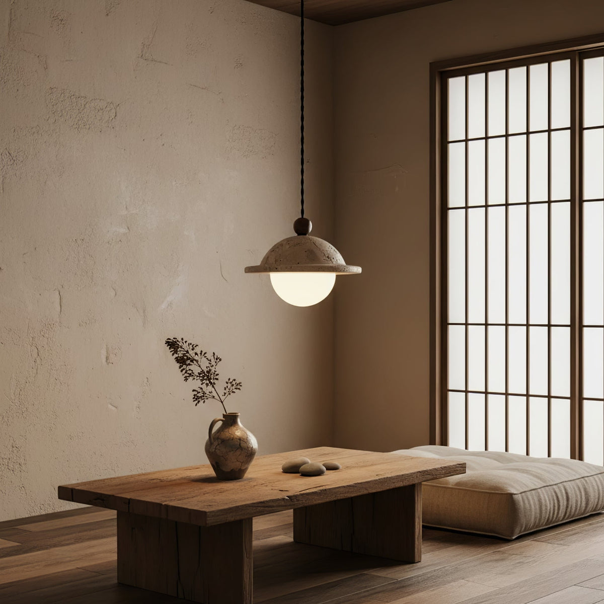Travertine Saucer Pendant Light – Natural Stone Illumination for Modern Interiors