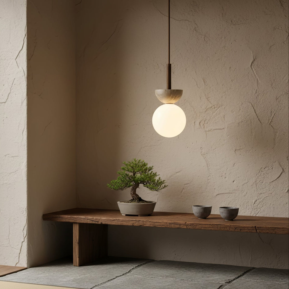 Travertine Half Duo Pendant Light – Natural Stone Modern Hanging Lamp