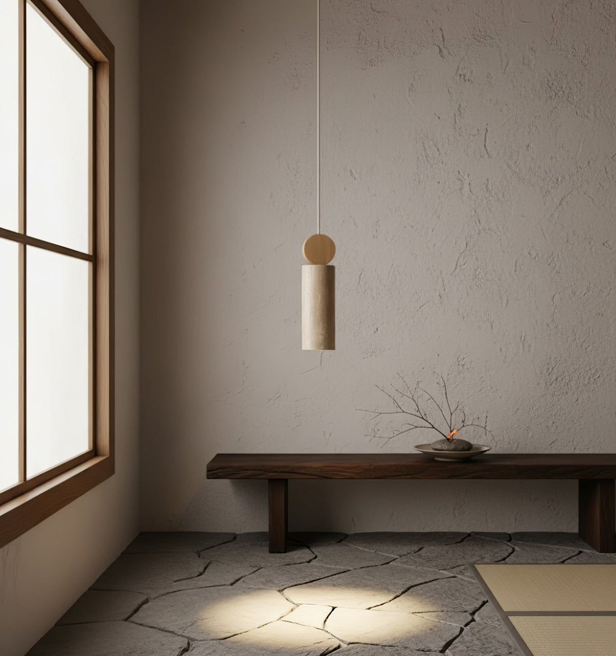 Travertine Cylinder Pendant Light with Wood Accent