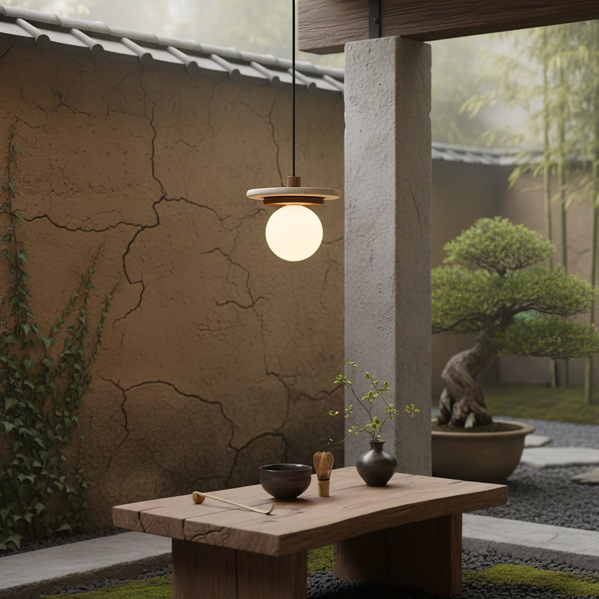 Travertine Disk Pendant Light with Wood Accent and Globe Bulb