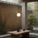 Travertine Disk Pendant Light with Wood Accent and Globe Bulb