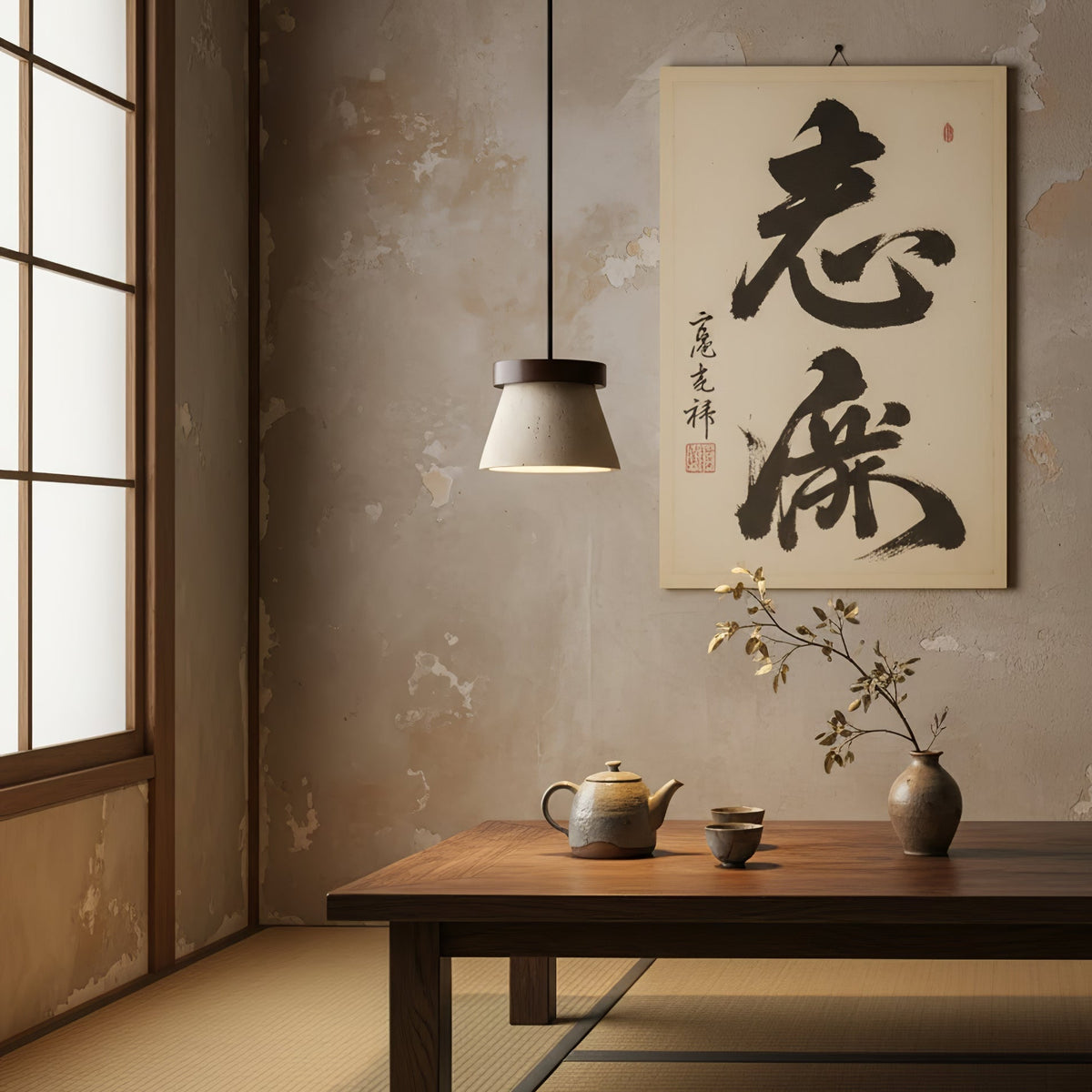 Travertine Cone Pendant Light with Wooden Ring Accent