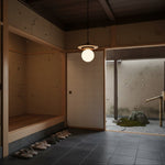 Travertine Disk Pendant Light with Wood Accent and Globe Bulb