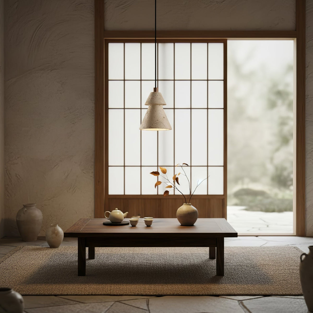 Tiered Travertine Cone Pendant Light – Natural Stone Illumination