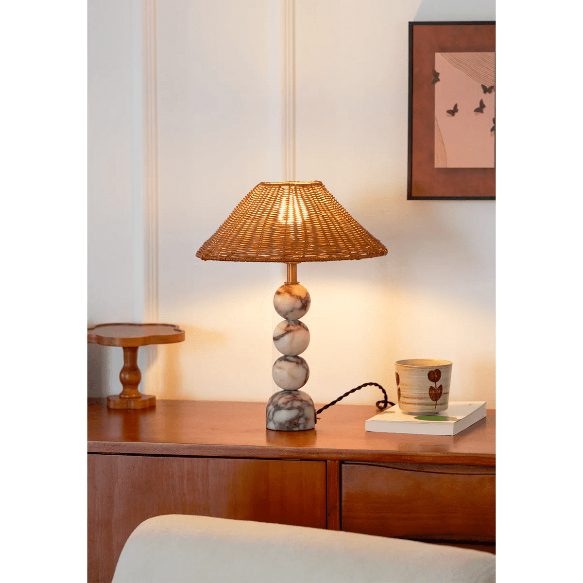 Marble Orb Rattan Table Lamp – Natural Stone & Woven Shade