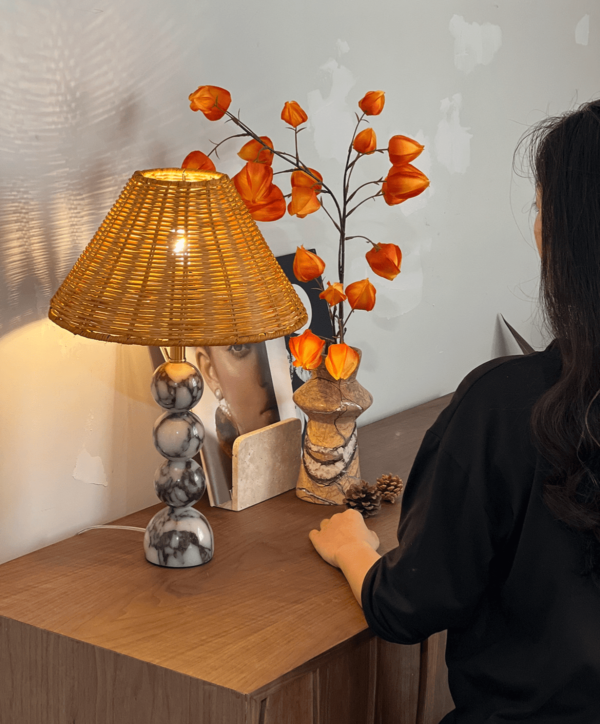 Marble Orb Rattan Table Lamp – Natural Stone & Woven Shade