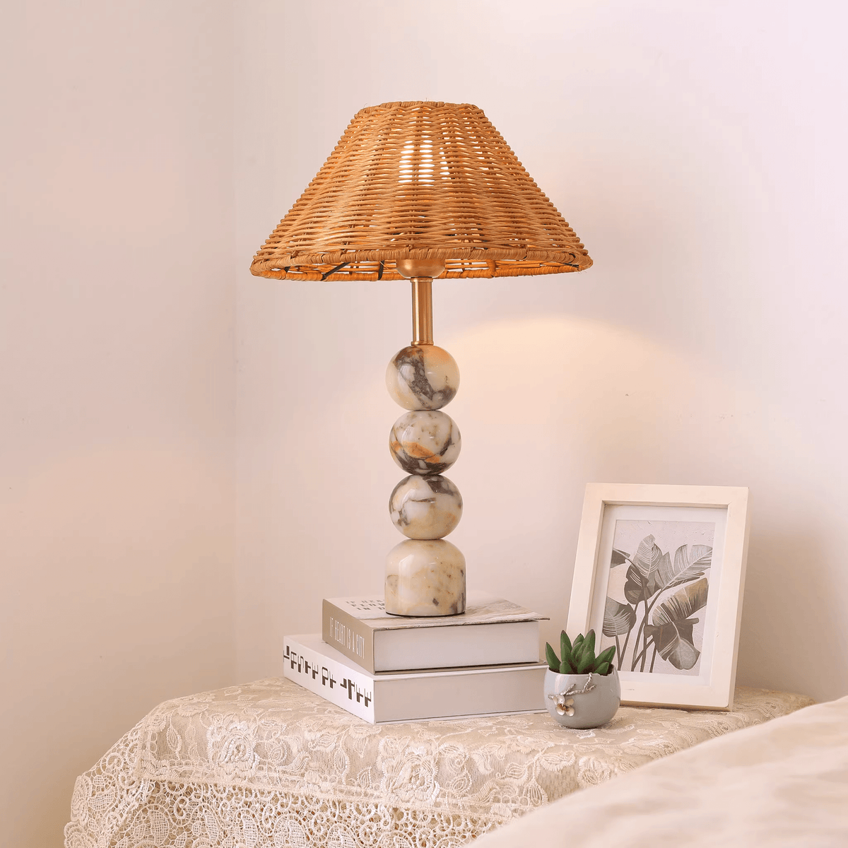 Marble Orb Rattan Table Lamp – Natural Stone & Woven Shade