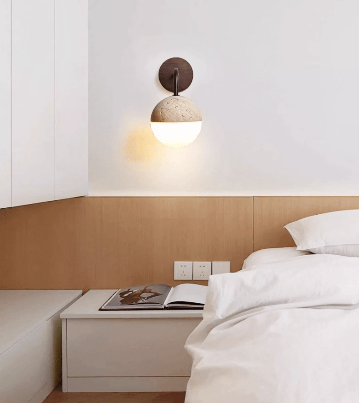 Lunar Stone Orb Wall Sconce in Walnut and Travertine