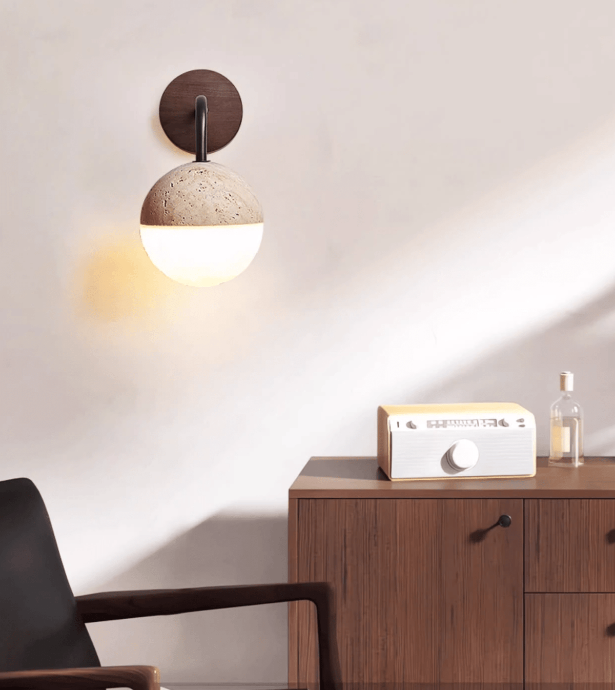 Lunar Stone Orb Wall Sconce in Walnut and Travertine