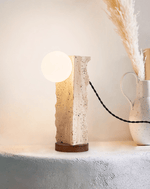 Terra Travertine Orb Table Lamp – Sculptural Stone & Walnut Accent Light