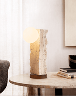 Terra Travertine Orb Table Lamp – Sculptural Stone & Walnut Accent Light