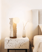 Terra Travertine Orb Table Lamp – Sculptural Stone & Walnut Accent Light