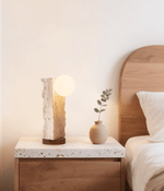 Terra Travertine Orb Table Lamp – Sculptural Stone & Walnut Accent Light