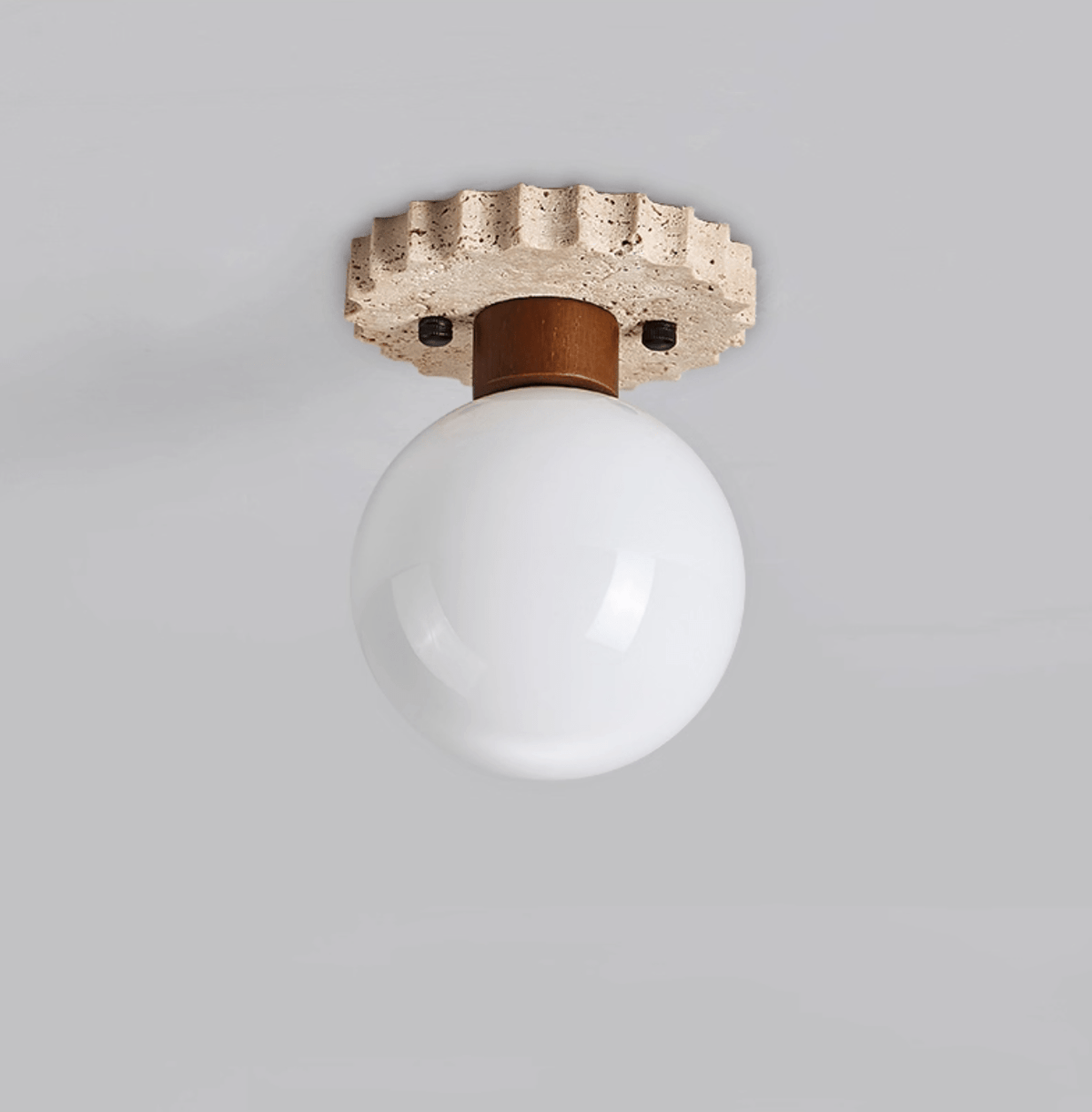 Cogstone Orb Ceiling Light in Travertine and Frosted Glass