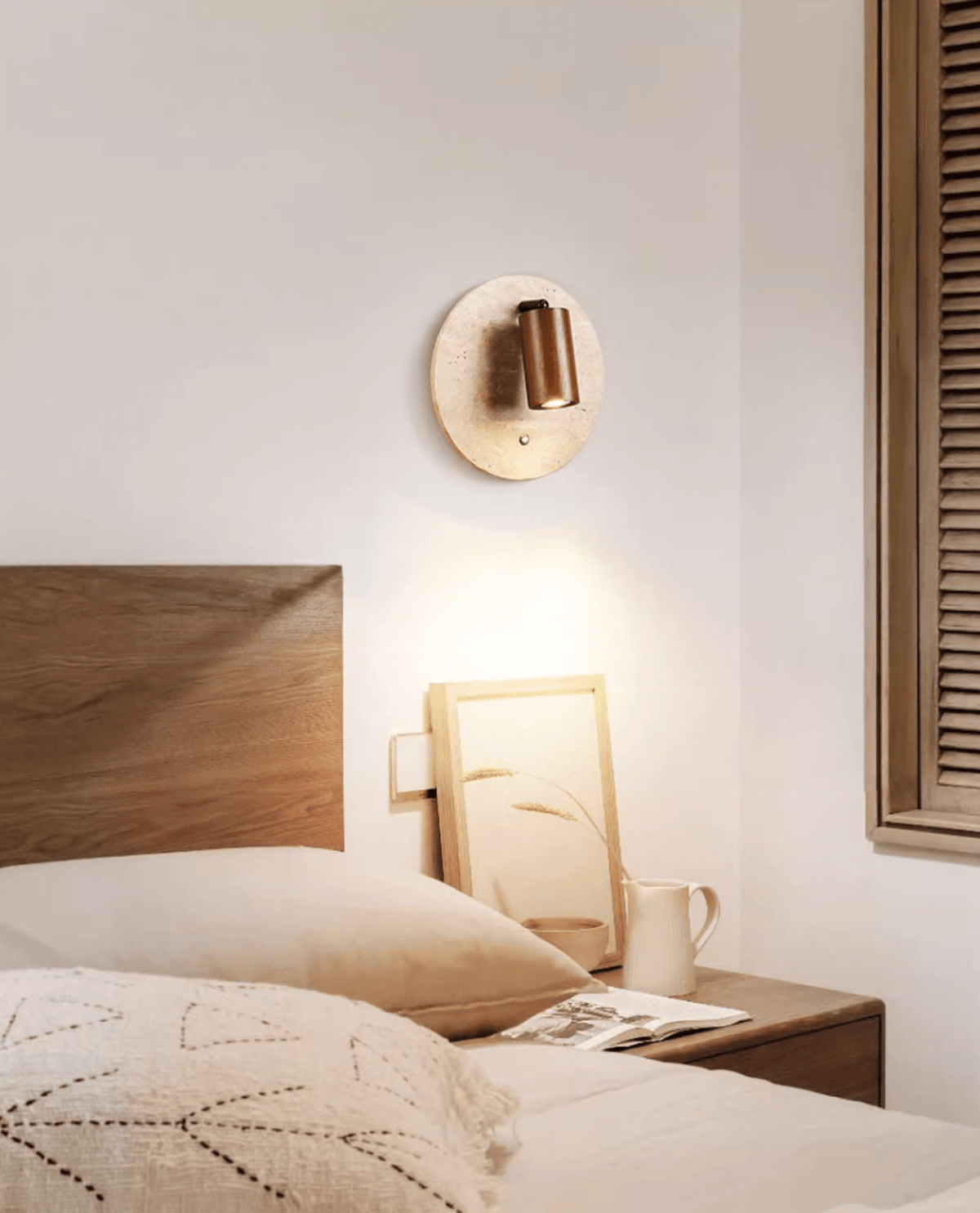 Travertine Spot Wall Sconce in Walnut Wood – Modern Stone Lighting