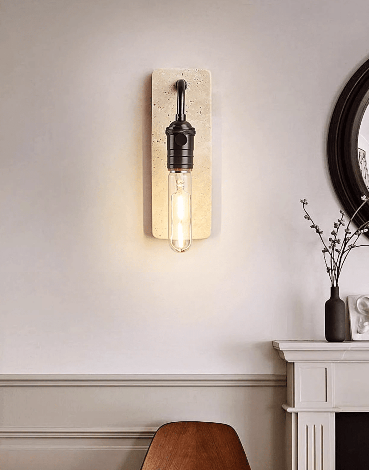Industrial Stone Wall Sconce in Travertine and Aged Gold
