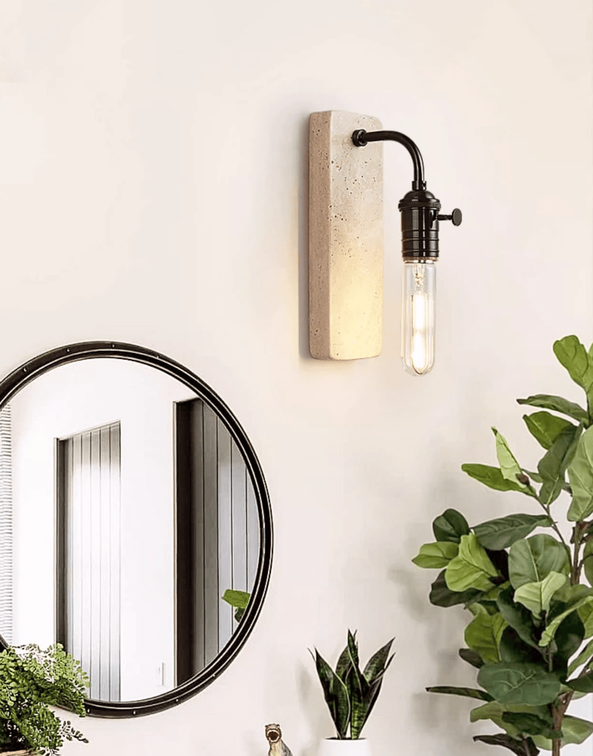 Industrial Stone Wall Sconce in Travertine and Aged Gold