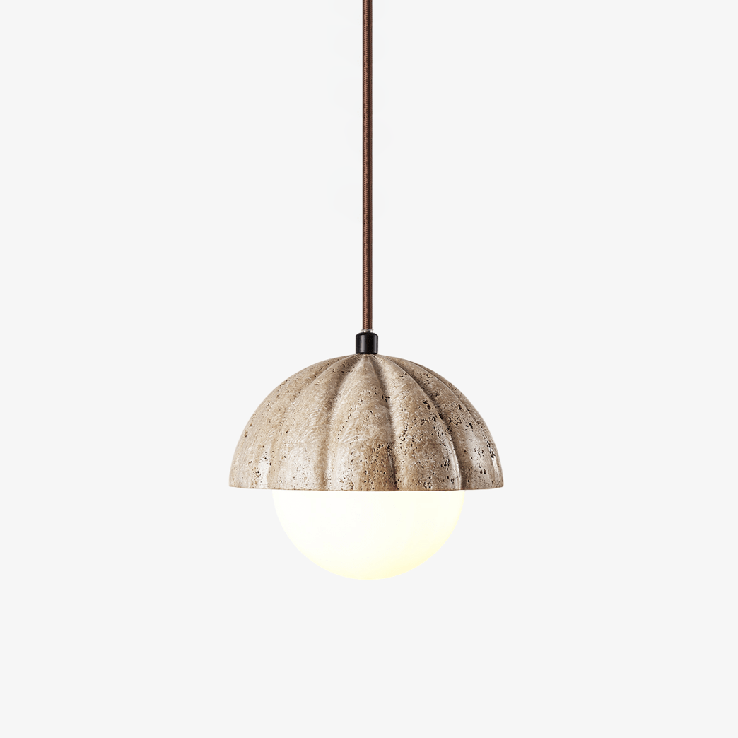 Fluted Travertine Orb Pendant Light with Glass Globe