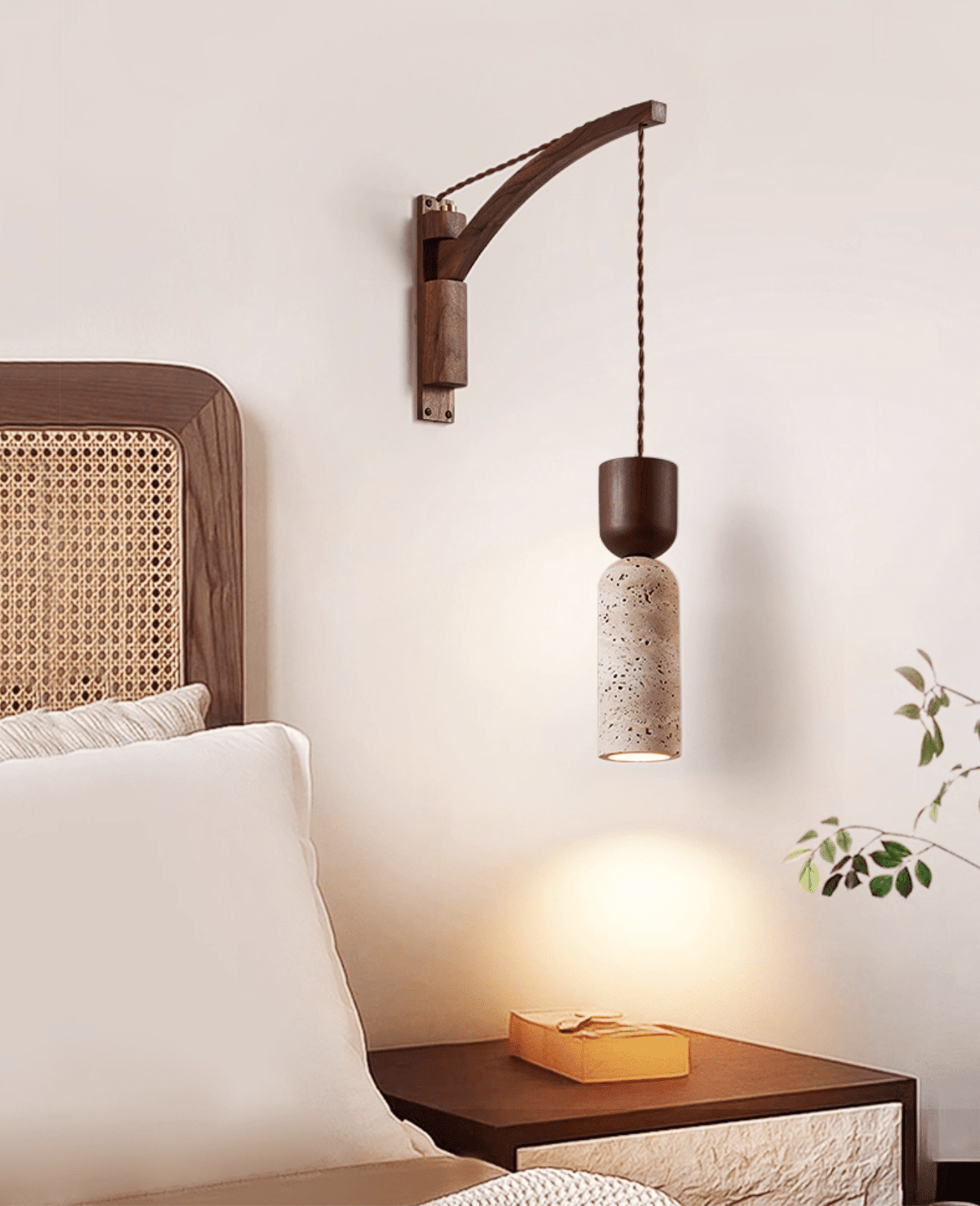 Travertine and Walnut Wall Sconce with Curved Wooden Arm