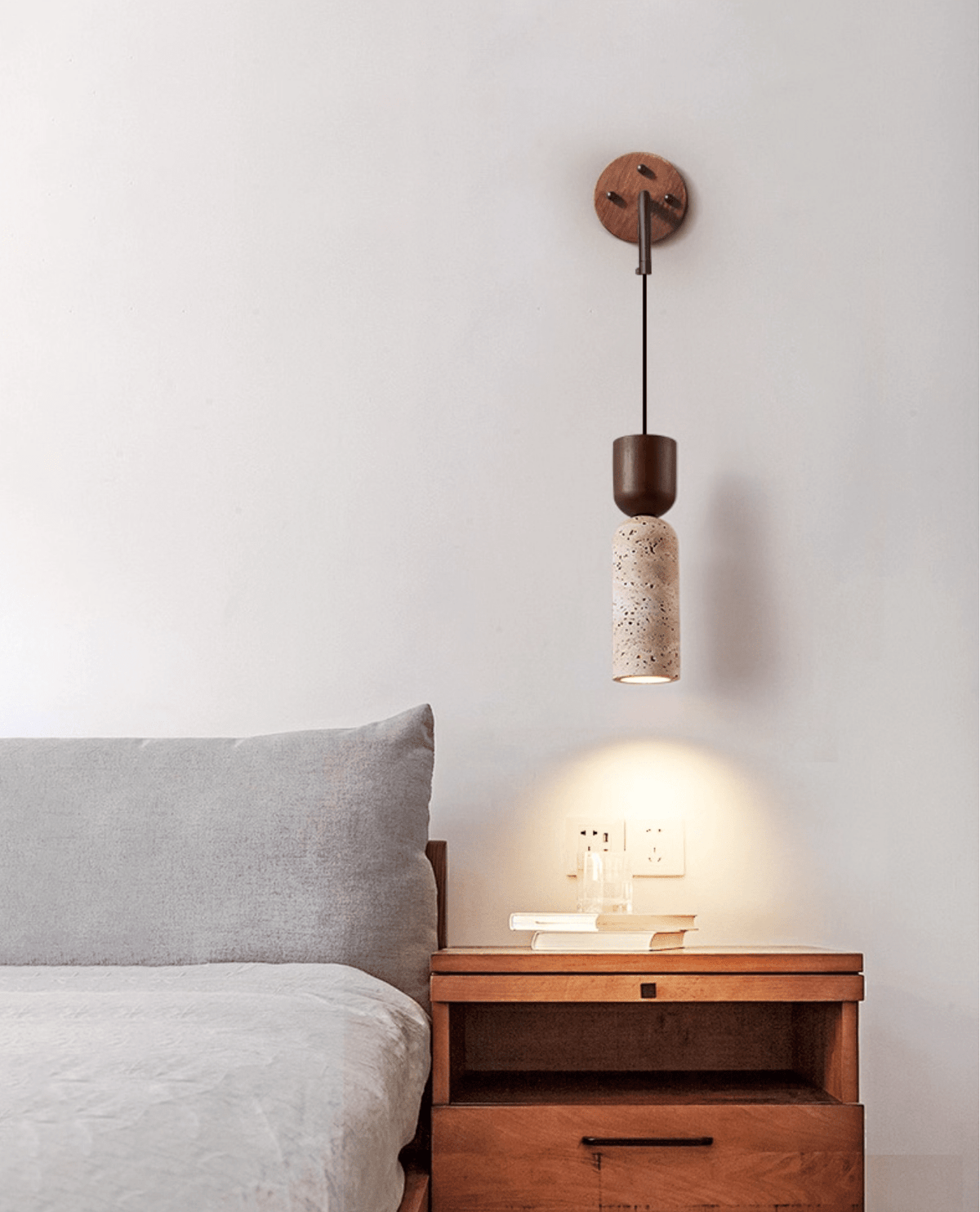 Travertine and Walnut Wall Sconce with Curved Wooden Arm