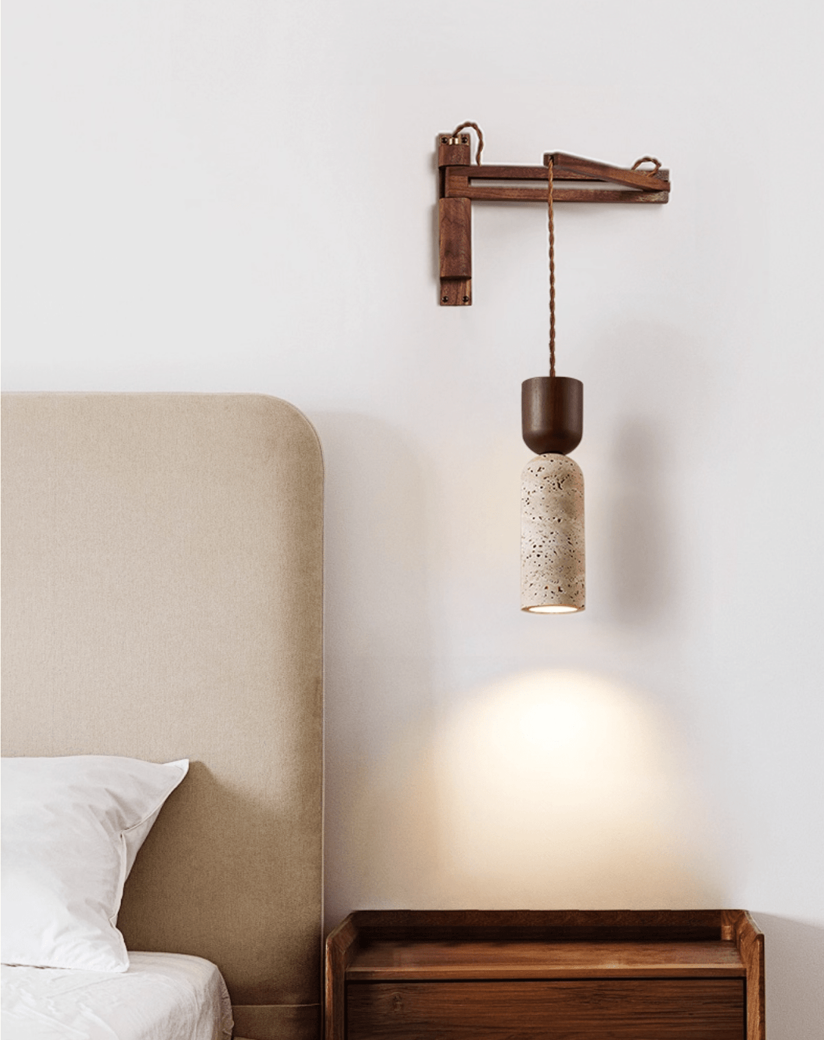 Travertine and Walnut Wall Sconce with Curved Wooden Arm