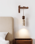 Travertine and Walnut Wall Sconce with Curved Wooden Arm