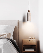 Cylinder Travertine Wood Bead Pendant Light, Minimalist Organic Hanging Lamp for Dining Room and Kitchen Island