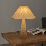 Travertine Column Table Lamp with Off-White Fabric Shade